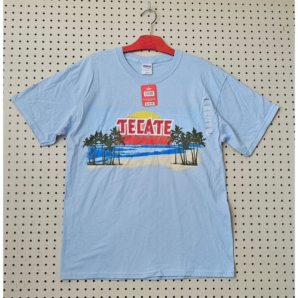 Tecate Beer Mens Graphic T-Shirt Light Blue Palm Tree Beach Cotton Large NWT